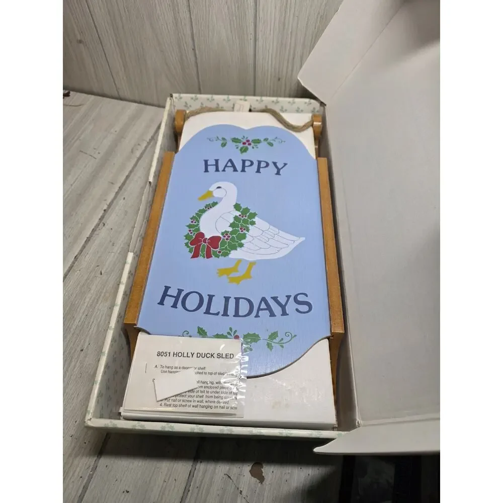 Vtg Happy Holidays Christmas Goose Sled Reversible Knick Knack Shelf Duck NIB